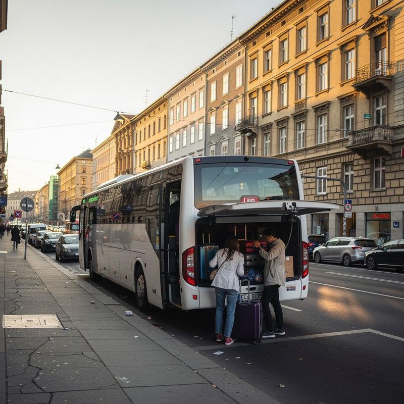 Coach doors open at a kerbside pickup point while passengers load luggage on a Central European boulevard