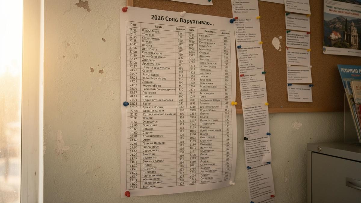Printed departure timetable pinned to the wall of the quobek.com office in Kyiv